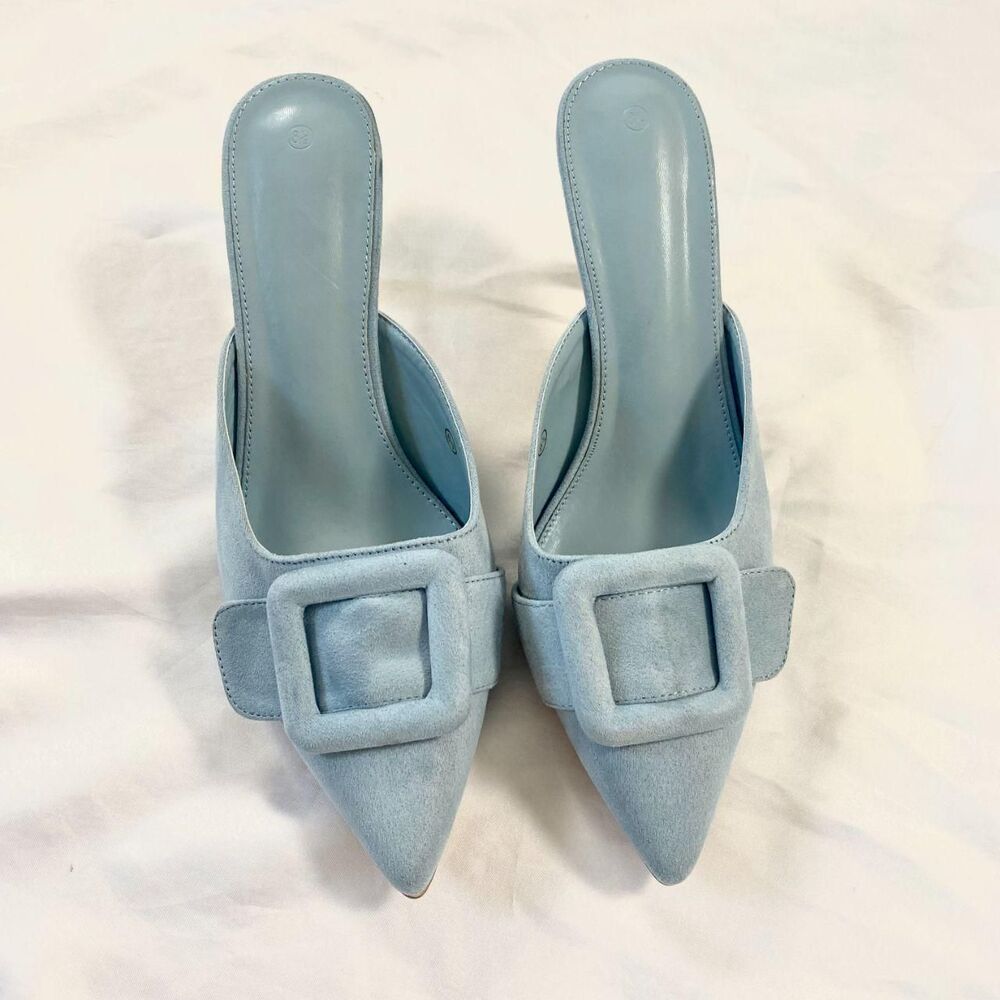 NEW Glam Coquette Powder Blue Faux Suede Buckle Pointy Kitten Heels US 8.5 - Picture 3 of 7